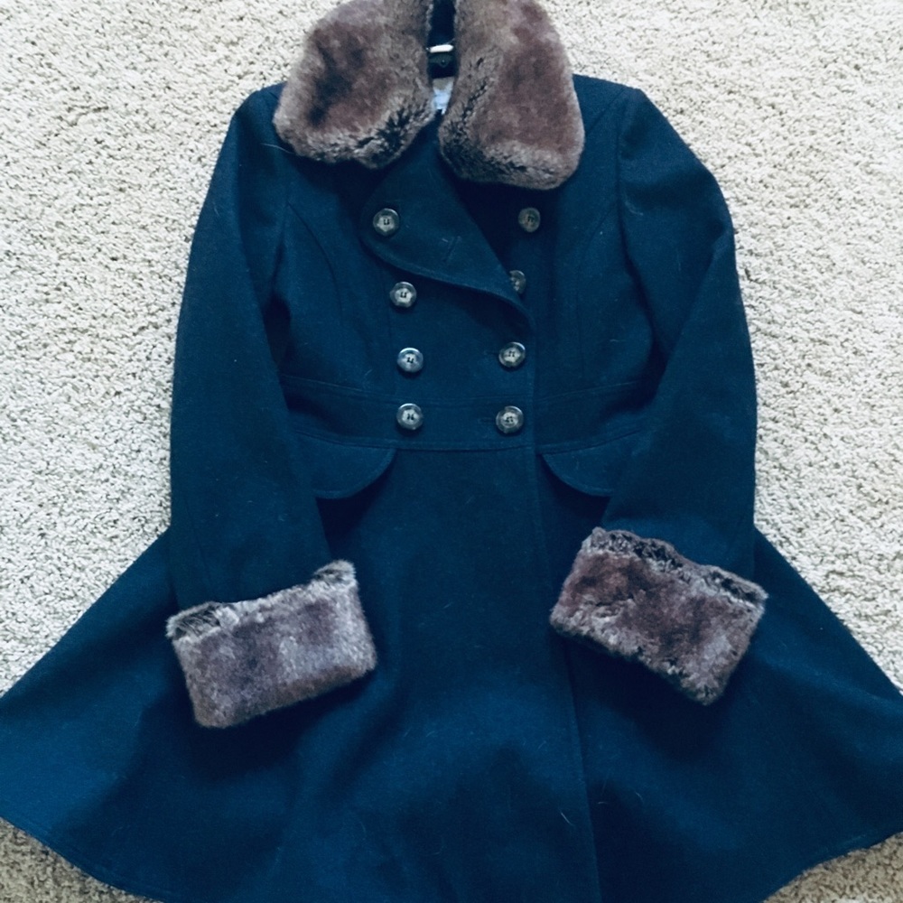 Pea Coat L.A. by Shelli Segal wool blend fur trim